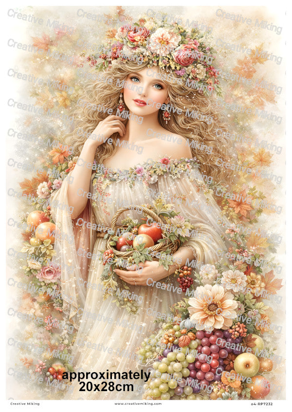 Autumn Harvest Goddess With Fruits And Flowers Decoupage Rice Paper | RP7232