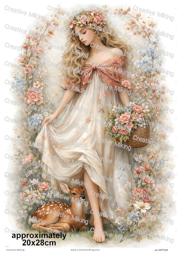 Spring Floral Goddess With Deer And Flowers Decoupage Rice Paper | RP7233