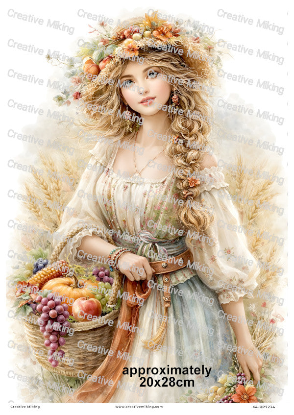 Autumn Harvest Goddess With Fruits And Wheat Decoupage Rice Paper | RP7234