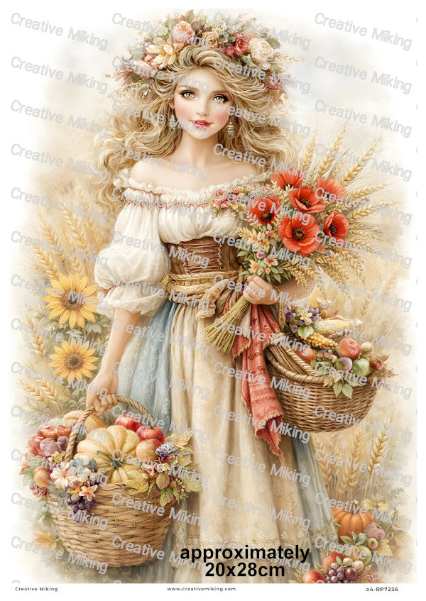 Autumn Harvest Girl With Fruits And Wheat Decoupage Rice Paper | RP7236
