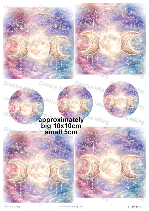 Celestial Triple Moon With Stars And Clouds Decoupage Rice Paper | RP7244c