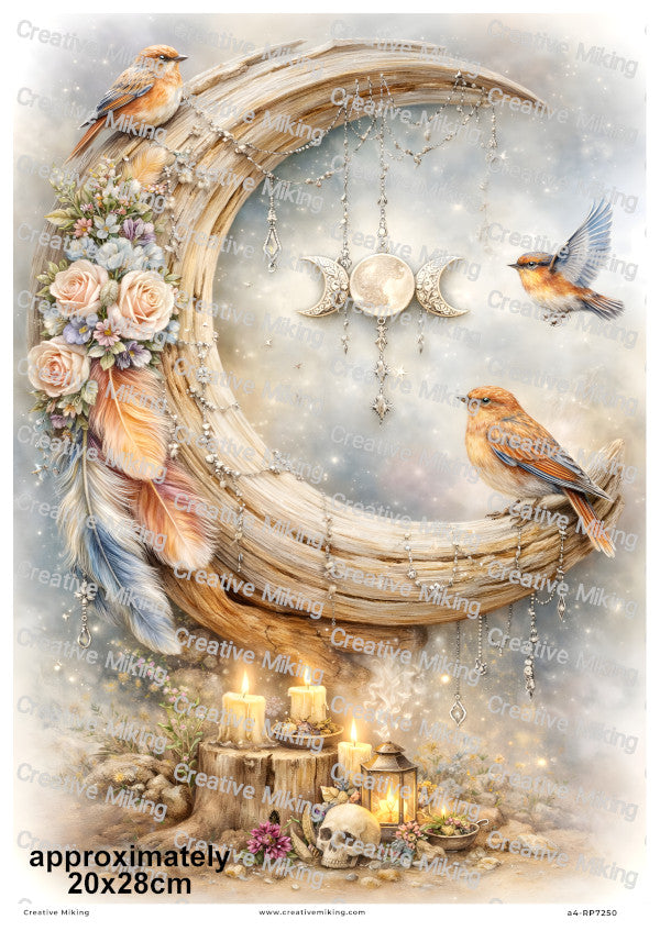 Wiccan Crescent Moon Altar With Robin Birds And Candles Decoupage Rice Paper | RP7250