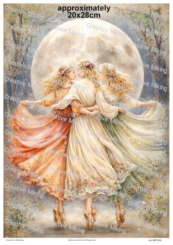 Triple Goddess Dancing Under Full Moon Decoupage Rice Paper | RP7255