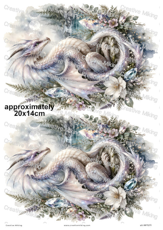 Mystical Crystal Dragon In Forest With Moon Phases Decoupage Rice Paper | RP7271