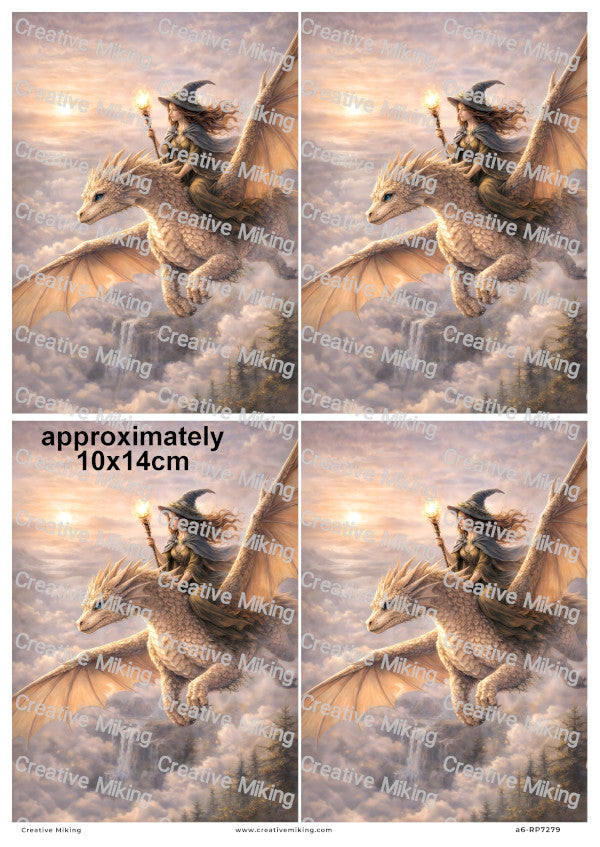 Mystical Wiccan Woman Riding Dragon In Sky Decoupage Rice Paper | RP7279