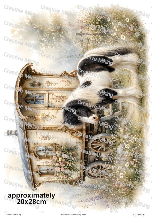 Gypsy Caravan With Black And White Pony Decoupage Rice Paper | RP7319