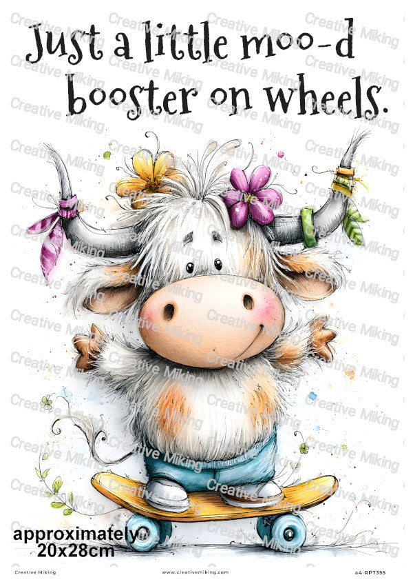 Skateboarding Highland Cow Funny Decoupage Rice Paper | RP7355