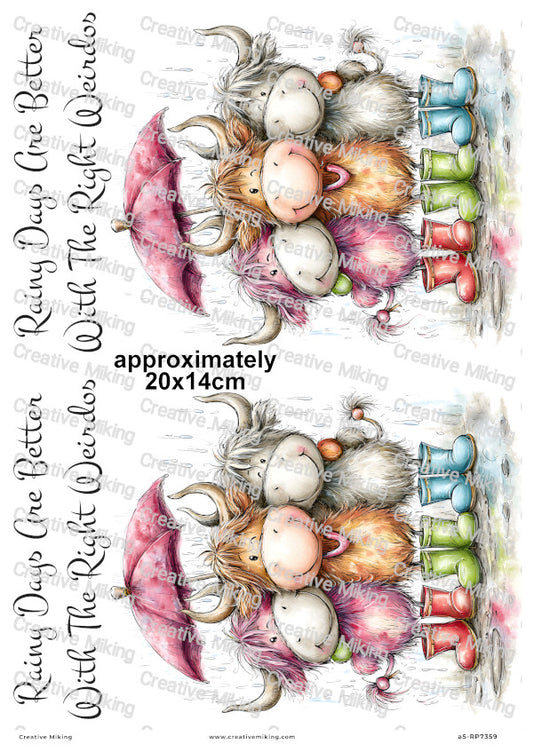 Highland Cow Friends In Wellies Funny Decoupage Rice Paper | RP7359
