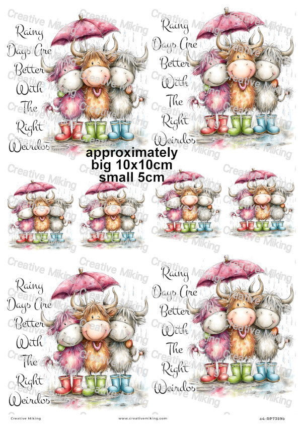 Highland Cow Friends In Wellies Funny Decoupage Rice Paper | RP7359b