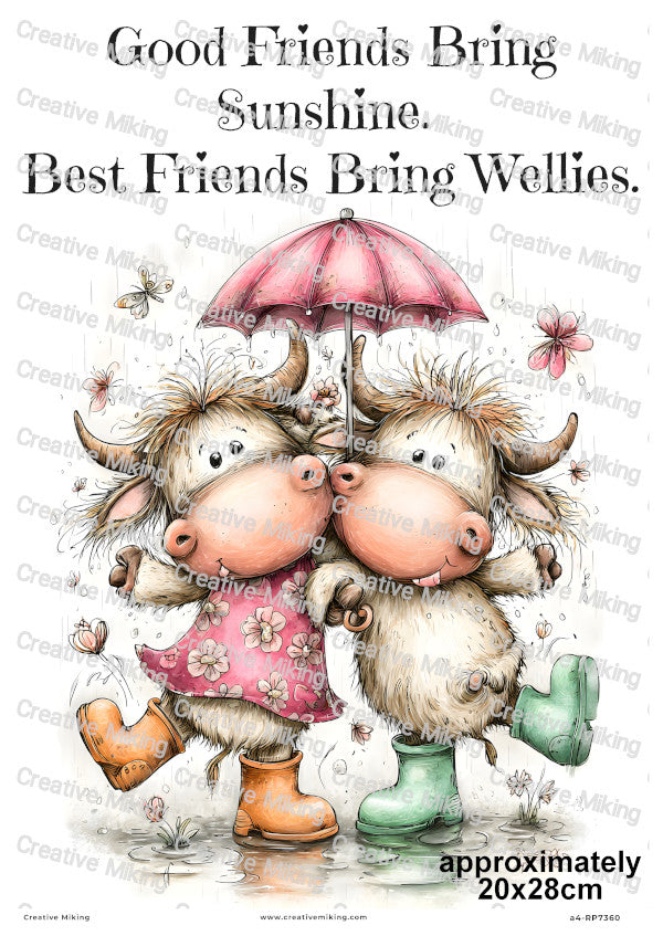 Highland Cow Friends In Wellies Funny Decoupage Rice Paper | RP7360