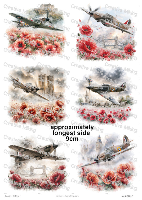 Hawker Hurricane Aircraft With Poppies Remembrance Decoupage Rice Paper | RP7397