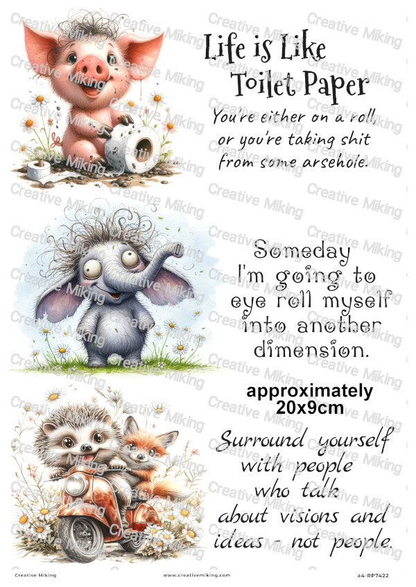 Pig Elephant And Hedgehog Funny Decoupage Rice Paper | RP7422