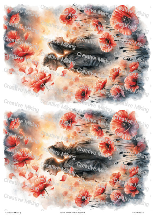 Couple In Poppy Field Remembrance Decoupage Rice Paper | RP7434