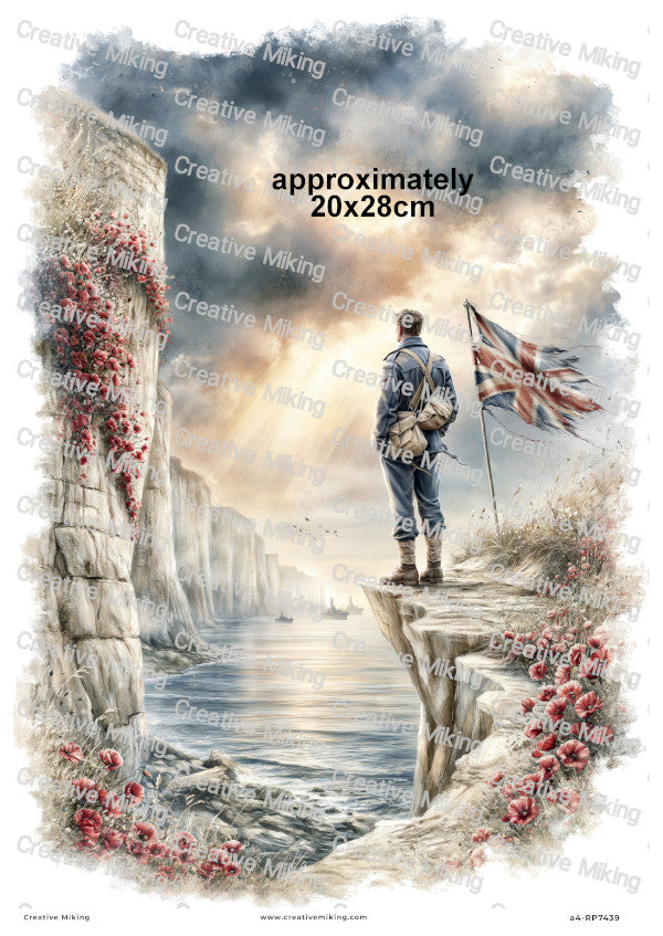 Soldier On Coastal Cliff Remembrance Decoupage Rice Paper | RP7439