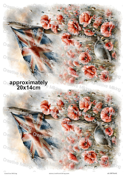Union Jack Flag With Poppies Remembrance Decoupage Rice Paper | RP7446