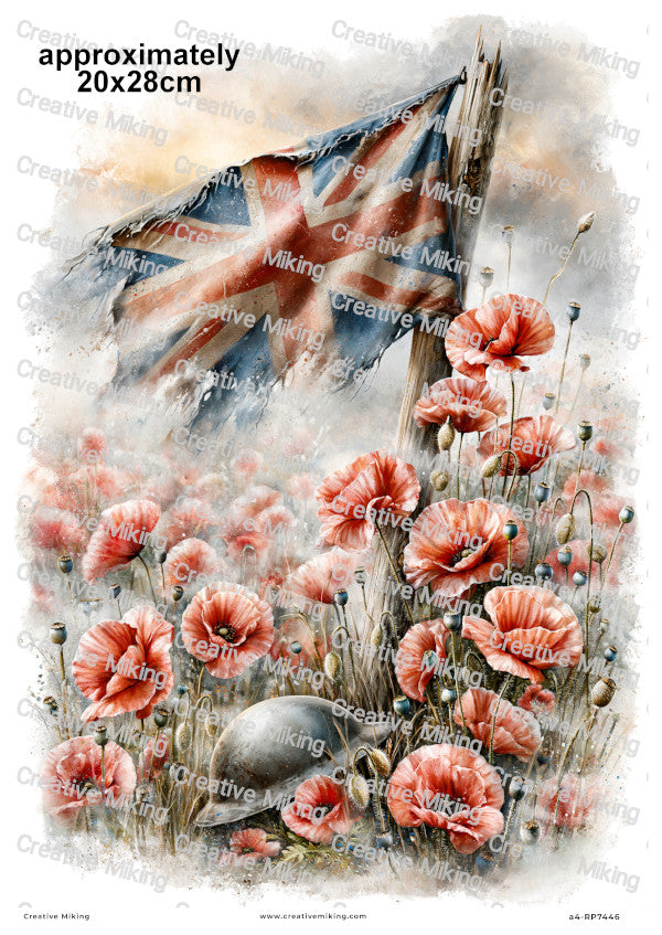 Union Jack Flag With Poppies Remembrance Decoupage Rice Paper | RP7446