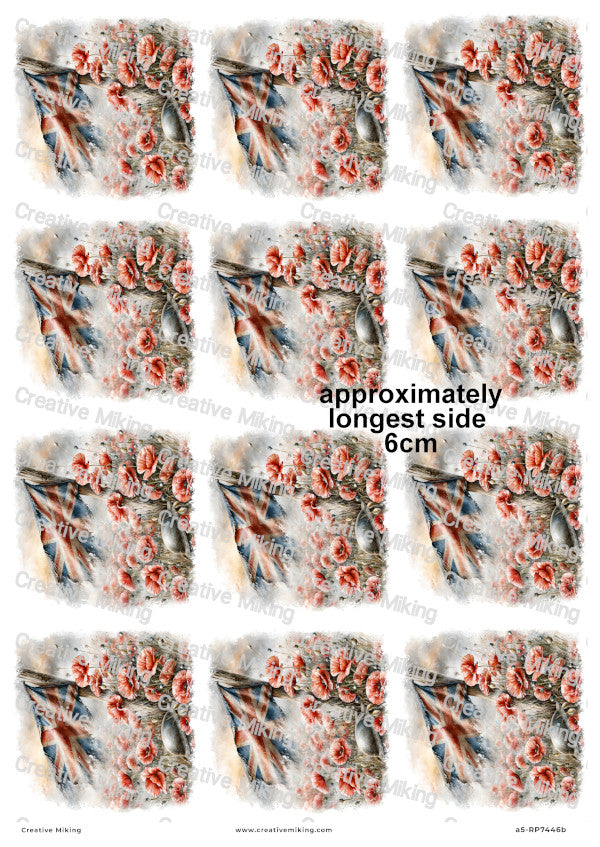 Union Jack Flag With Poppies Remembrance Decoupage Rice Paper | RP7446b