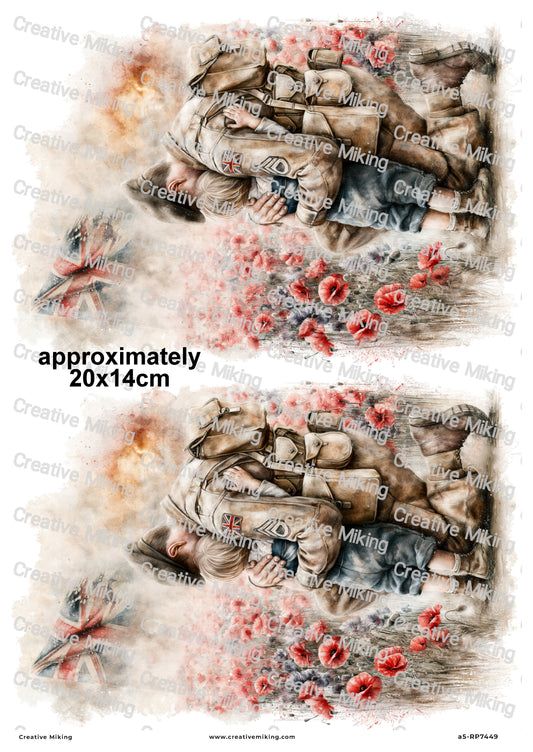Soldier With Child In Poppy Field Remembrance Decoupage Rice Paper | RP7449