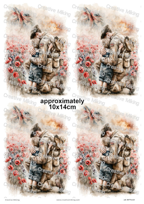 Soldier With Child In Poppy Field Remembrance Decoupage Rice Paper | RP7449
