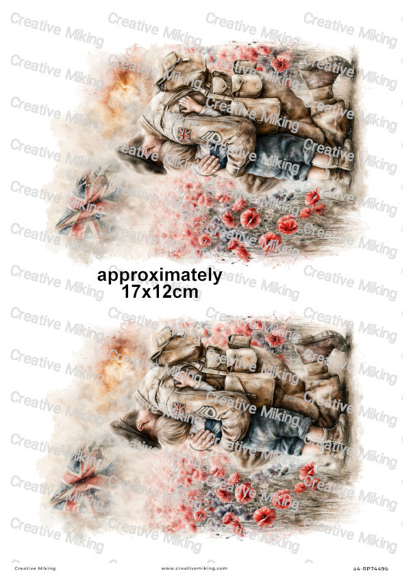Soldier With Child In Poppy Field Remembrance Decoupage Rice Paper | RP7449b