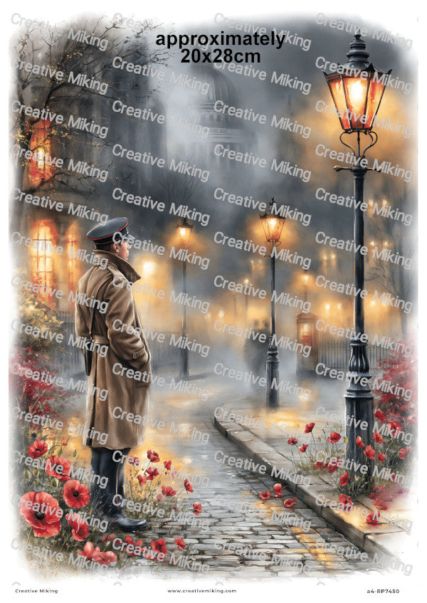 Soldier In Foggy Street Remembrance Decoupage Rice Paper | RP7450