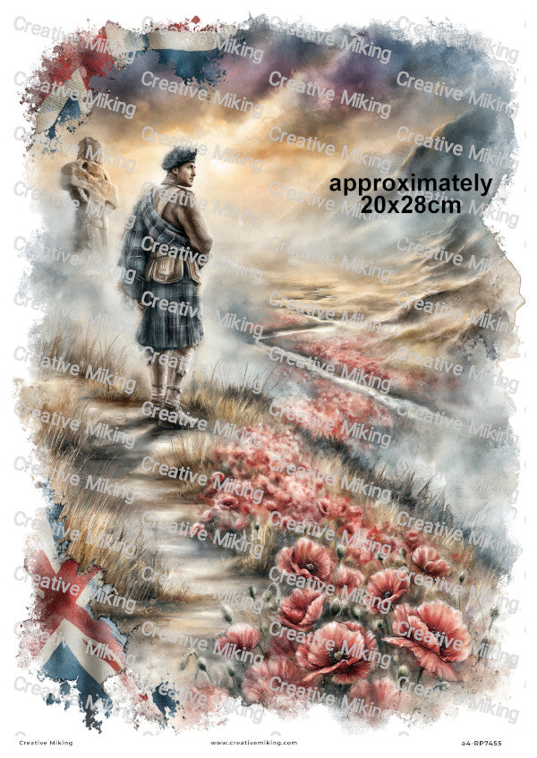 Scottish Soldier In Poppy Field Remembrance Decoupage Rice Paper | RP7455