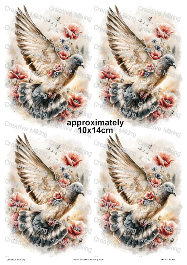 Pigeon With Poppies Remembrance Decoupage Rice Paper | RP7458