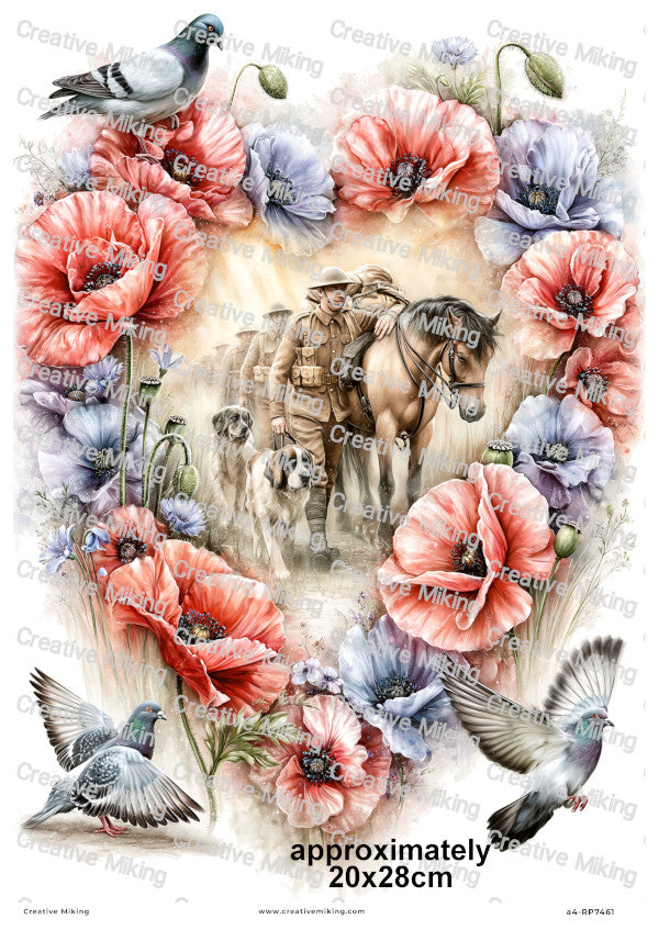 Soldier With Horse Dogs And Pigeons Remembrance Decoupage Rice Paper | RP7461