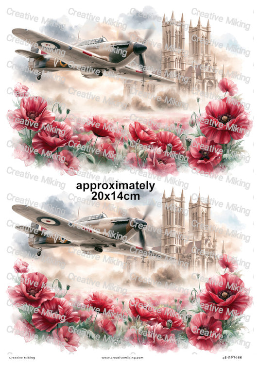 Hawker Hurricane Aircraft With Poppies Remembrance Decoupage Rice Paper | RP7466