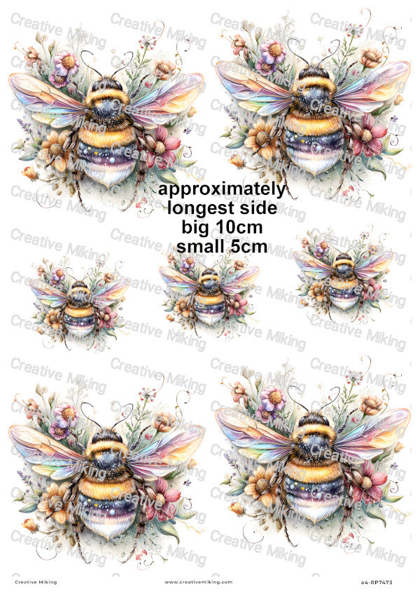 Rainbow Floral Bumblebees Decoupage Rice Paper | RP7473
