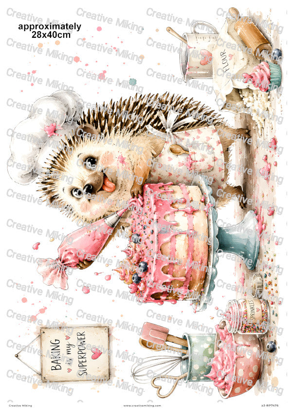 Hedgehog Baking Cake Funny Decoupage Rice Paper | RP7476