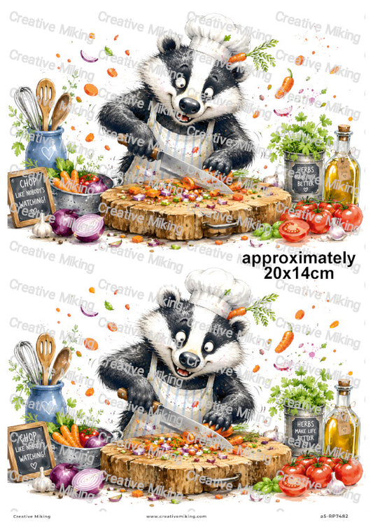Badger Chopping Vegetables Funny Decoupage Rice Paper | RP7482