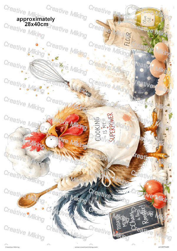 Rooster Baking Funny Decoupage Rice Paper | RP7489