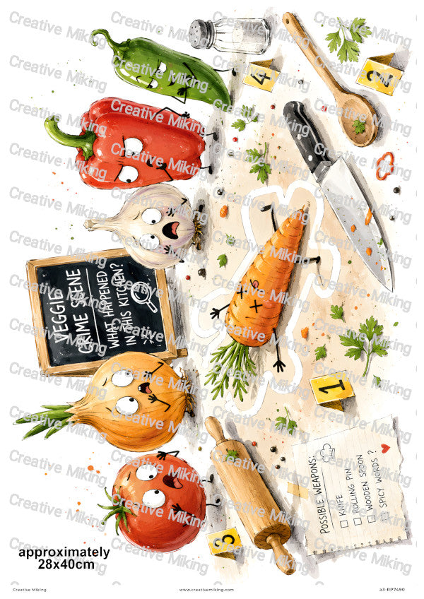 Vegetable Crime Scene Funny Decoupage Rice Paper | RP7490