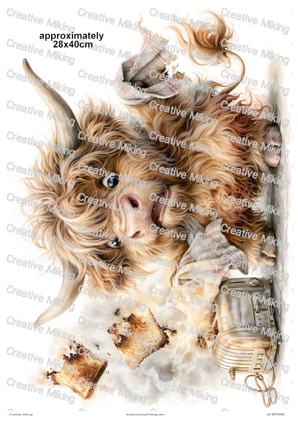 Highland Cow With Burnt Toast Funny Decoupage Rice Paper | RP7496