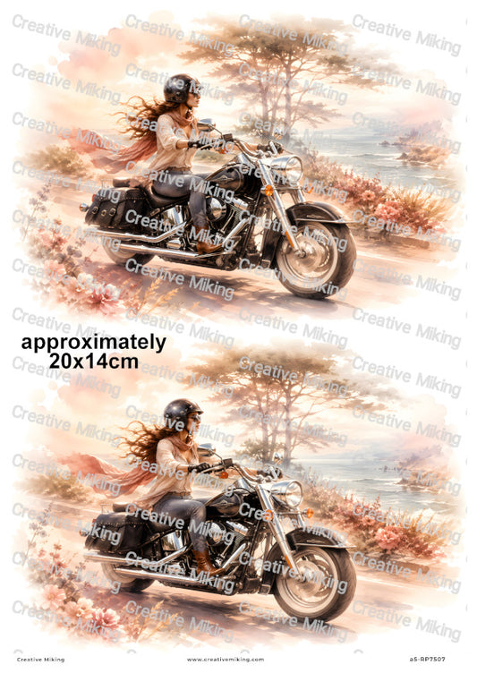 Woman Motorbike Rider By The Coast Decoupage Rice Paper | RP7507