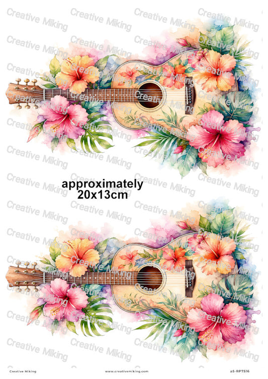 Tropical Guitar With Hibiscus Flowers Decoupage Rice Paper | RP7516