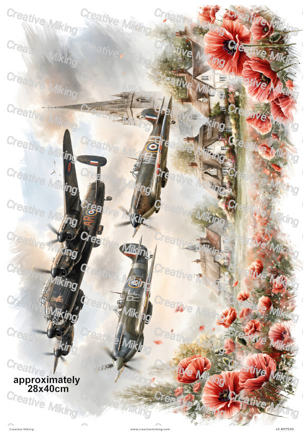 Lancaster Spitfire And Hurricane With Poppies Remembrance Decoupage Rice Paper | RP7539