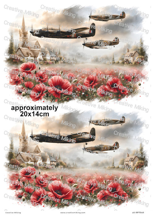 Lancaster And Spitfires Over Village Remembrance Decoupage Rice Paper | RP7540