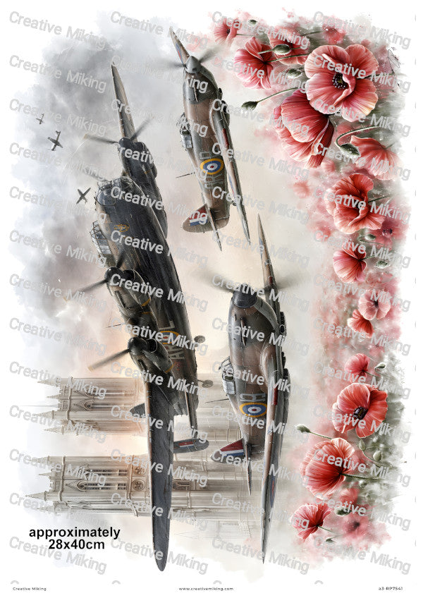 Lancaster And Spitfires Over Cathedral Remembrance Decoupage Rice Paper | RP7541
