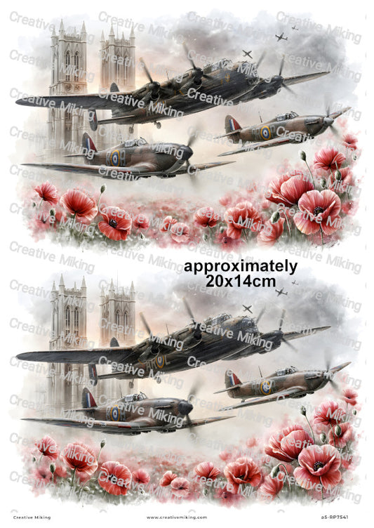 Lancaster And Spitfires Over Cathedral Remembrance Decoupage Rice Paper | RP7541