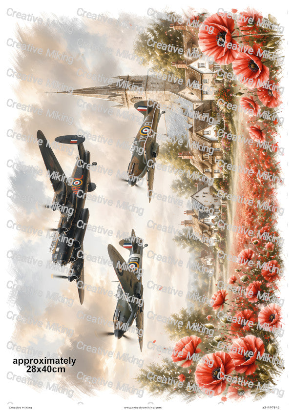 Lancaster And Spitfires Over Poppy Village Remembrance Decoupage Rice Paper | RP7542