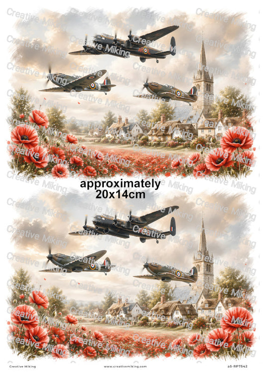Lancaster And Spitfires Over Poppy Village Remembrance Decoupage Rice Paper | RP7542
