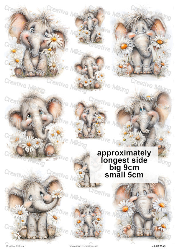 Elephants With Daisies Funny Decoupage Rice Paper | RP7545