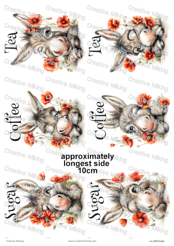 Donkeys With Poppies Funny Kitchen Labels Decoupage Rice Paper — Tea, Coffee, Sugar | RP7546b