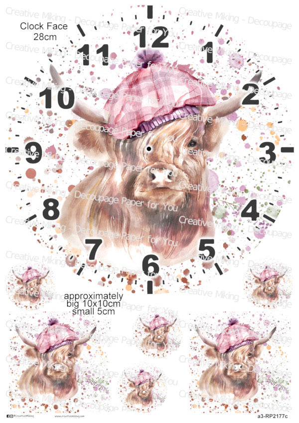 Highland Cow Watercolor Splash Clock Face Decoupage Paper | RP2177c