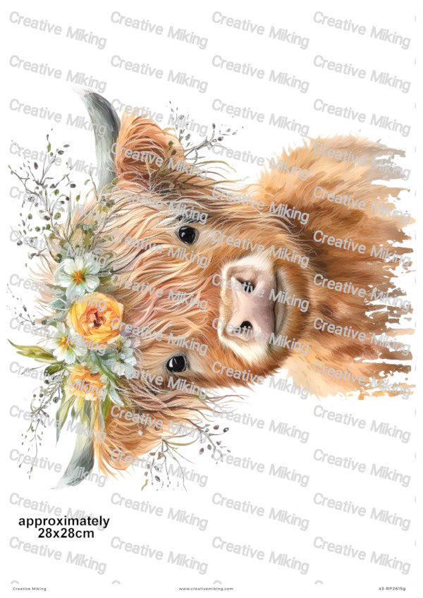 Highland Cow With Floral Crown A3 Decoupage Paper | a3-RP2615g