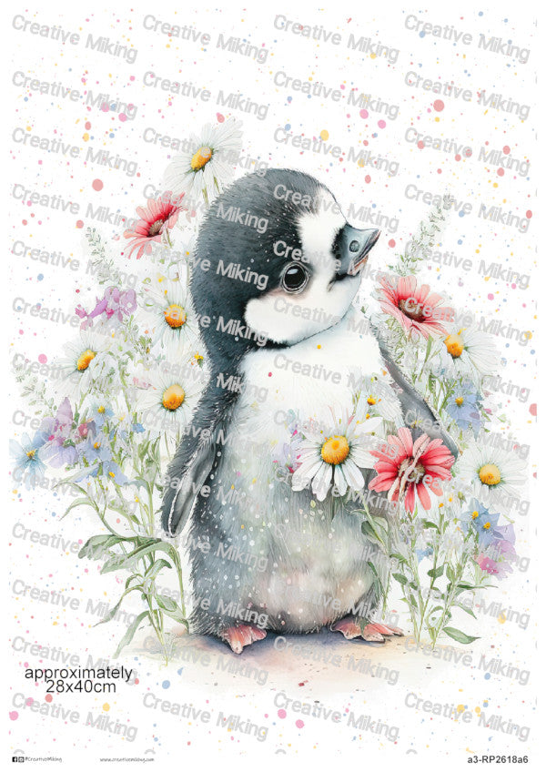 Penguin Chick Floral Watercolor Splash Decoupage Paper | RP2618a6