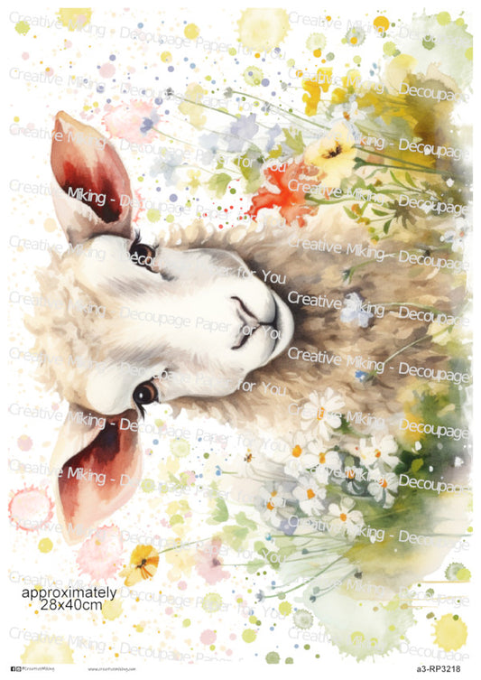 Lamb Among Wildflowers Watercolor Splashes Decoupage Paper | RP3218