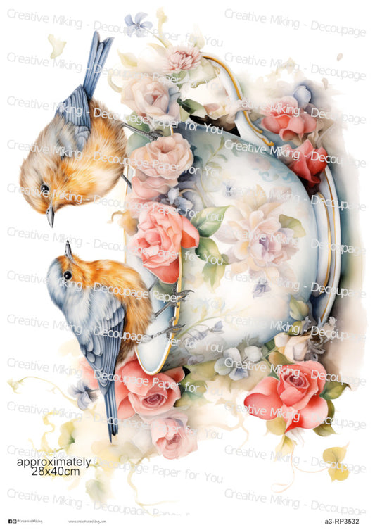Robins in Floral Teacup Decoupage Paper | RP3532